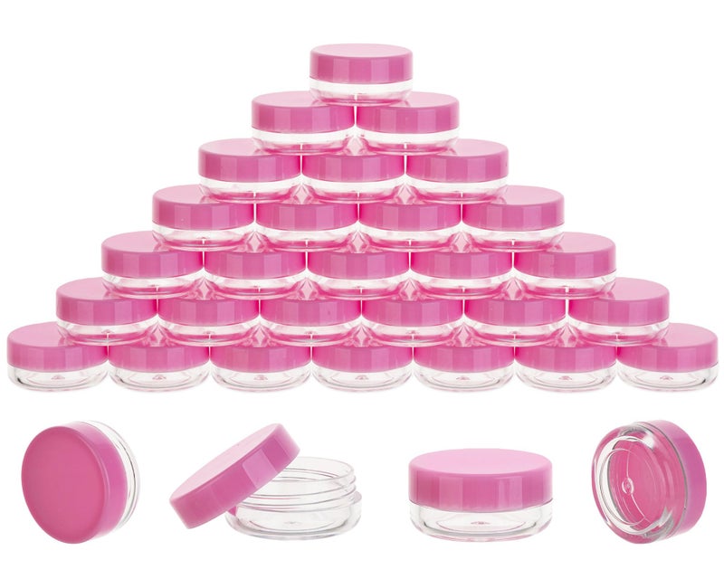 HPPFFY 50 Count 3 Gram Sample Containers, Clear Lip Balm Containers with Lids, Small Plastic Sample Jars with 4 Mini Spoons, 50pcs Labels (Pink Lid) - Image 1